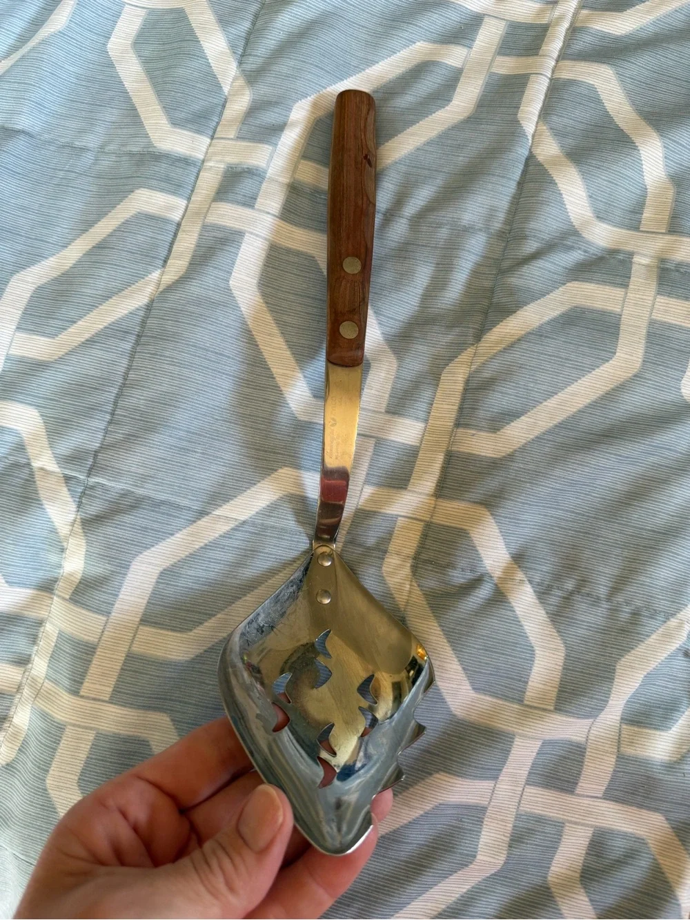Vintage Zylco Slotted Serving Spoon Wood Handle MCM Stainless Steel USA